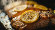 © Enrique - Salmon steak with lemon butter. The lighting is moody, emphasizing the rich, earthy colors