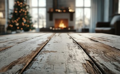 Wall Mural - In the foreground, a vacant white table is positioned in front of a vibrant Christmas setting, complete with a dining room and tree, and a generous amount of copy space