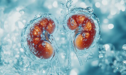 Wall Mural - A three-dimensional rendering of human kidneys immersed in water, highlighting the connection between hydration and kidney health.