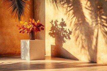 Wall Mural - A simple and abstract natural setting including an empty stage with three white rectangular pedestals positioned on a beige background, with the added element of tree leaf shadows, used for