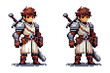 © MARI LI - A pixel art warrior stands confidently, wearing medieval armor and holding a sword. The character is designed in vibrant colors, suggesting bravery and readiness for battle in a fantasy realm