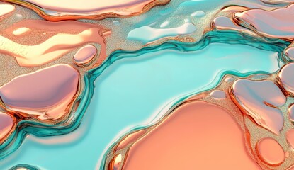 A 3D abstract futuristic background of liquid chrome with a surreal chromatic hologram effect, dynamic neon wave banner, fluid glossy metal surface, and shiny liquid mercury clipart