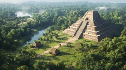 Wall Mural - Ancient Pyramid in Lush Jungle Landscape. Aerial View. Potential Use Educational, Travel, History