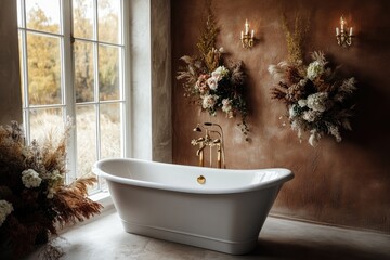 Wall Mural - Elegant bathroom features freestanding tub against warm, earthy