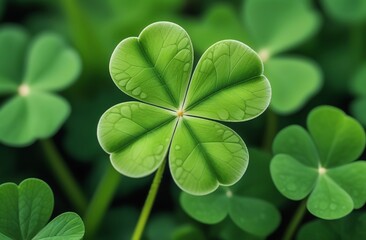 Wall Mural - St. Patrick's Day. Traditional national holiday. A symbol of good luck and wealth, fortune. A green clover leaf. Shamrock with 4 leaf. Irish spring celebration