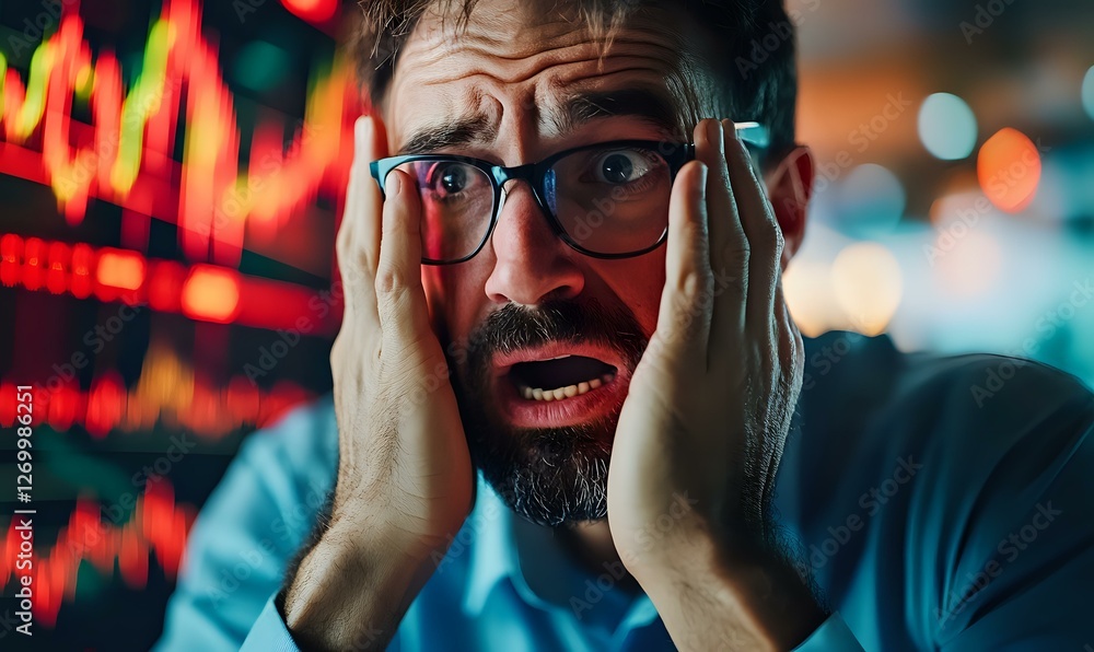 Shocked bearded man in glasses reacting to financial market crash with ...