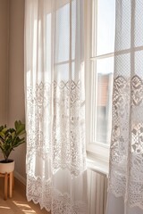 Wall Mural - Sunlight filters through delicate lace curtains, illuminating co