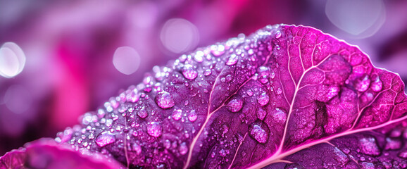 Wall Mural - Close-up of purple leaf with water droplets, showcasing the texture of the surface and the intricate details, symbolizing freshness, nature, and vibrant colors.