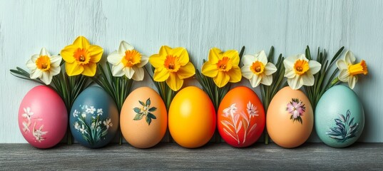 Canvas Print - Easter Eggs And Spring Daffodils Flower, Easter Decoration. Colorful Eggs With Floral Ornament