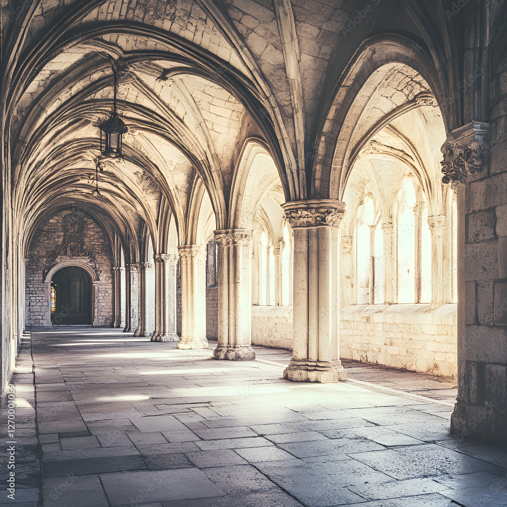 Rectangular Gothic Building Gothic architecture interior with arched ceilings and stone columns in ...