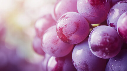 Wall Mural - Close-up of fresh grapes with water droplets on a vibrant purple background, symbolizing health, vitality, and freshness, perfect for food, organic, and hydration concepts.