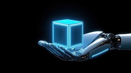 Robotic Hand Presenting A Glowing Blue Cube