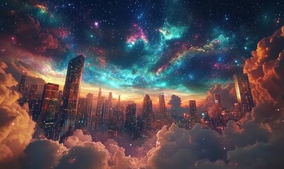 Wall Mural - futuristic cityscape under a vivid night sky filled with stars and cosmic clouds, blending technolog