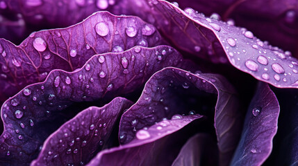 Wall Mural - Close-up shot of purple cabbage leaves with water droplets, showcasing their texture, freshness, and vibrant color, symbolizing the richness of nature and organic beauty.