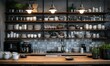 © Vitalii - Industrial loft kitchen with modern appliances, wooden countertops, and open shelving filled with neatly arranged ceramics.