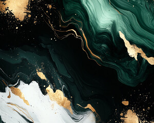 Leinwandbilder - Abstract fluid art with green, white, and gold marble texture, showcasing luxury, elegance, and creative design