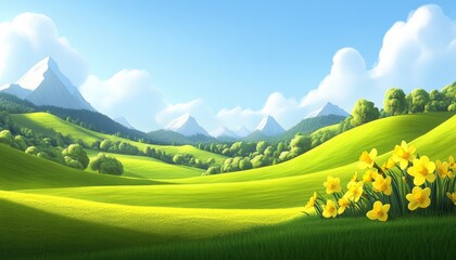 Wall Mural - Springtime Splendor Daffodils in Full Bloom, Illuminated by Sunshine in a Lush Green Valley