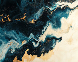 Leinwandbilder - Abstract fluid painting with dark blue, teal, white, and golden swirls, creating an elegant and organic mix of colors that evoke movement and transformation in art.