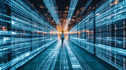Fototapete - Dramatic digital scene depicting a person walking through a futuristic data center illuminated by glowing lights : Generative AI
