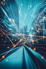 Fototapete - Dynamic urban composition featuring streaks of light and vibrant colors from city buildings at night : Generative AI