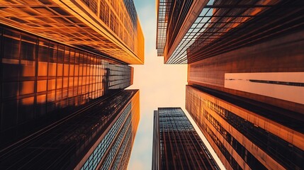 Aufkleber - Spectacular sunset view between high-rise buildings creating a stunning silhouette and warm atmospheric tones : Generative AI