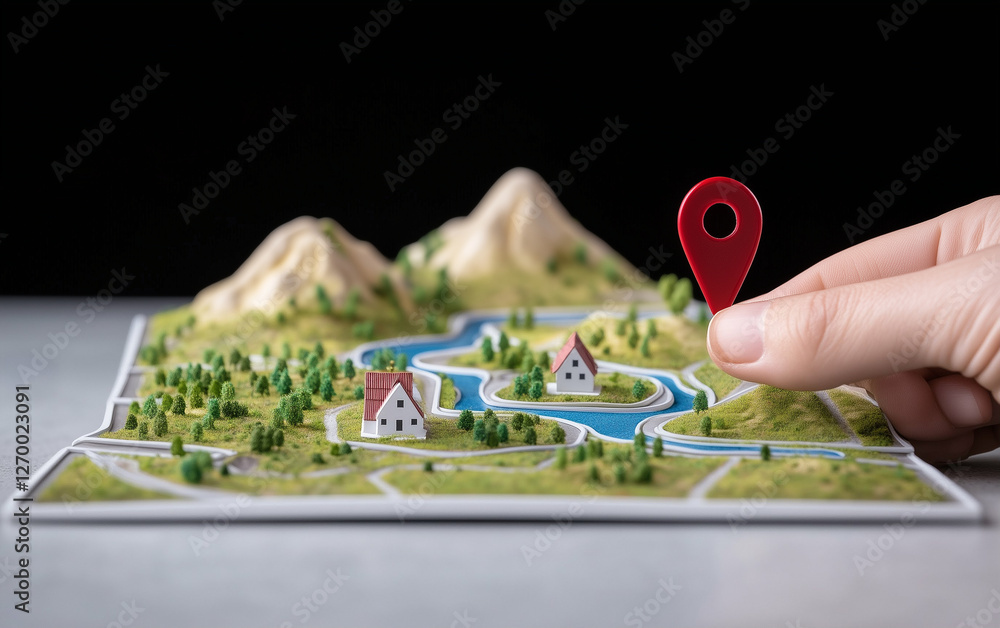 Map with location pin in hand displays houses mountains and rivers on a ...
