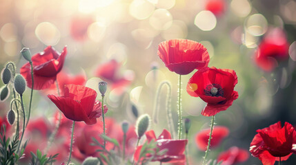 Wall Mural - Vibrant red poppy flowers bloom in sunny field, creating dreamy atmosphere with soft bokeh in background. scene evokes feelings of joy and tranquility