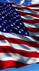 Aufkleber - An American flag waves in the wind against a bright blue sky representing patriotism and national pride in the USA : Generative AI