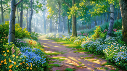 Wall Mural - serene forest path surrounded by vibrant flowers and lush greenery, creating peaceful and inviting atmosphere. sunlight filters through trees, enhancing beauty of nature