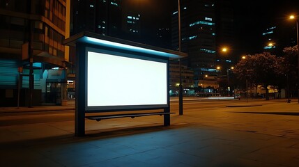 Poster - Illuminated empty bus stop at night in a vibrant urban setting with glowing buildings : Generative AI