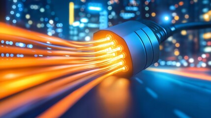 Fototapete - High-speed fiber optic cable emitting glowing data streams, symbolizing cutting-edge internet technology, fast digital communication, and data transmission efficiency, Generative AI