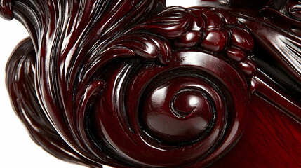 Mahogany wood carving detail, swirling acanthus leaf pattern, furniture close-up,  rich dark red finish, luxury home decor