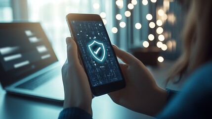 Fototapete - Secure Mobile Application Interface Highlighting Cybersecurity Features on a Smartphone : Generative AI