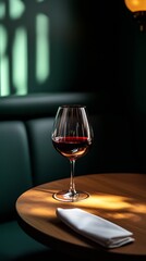 Aufkleber - Elegant red wine glass meticulously placed on a stylish wooden table in a cozy restaurant setting : Generative AI