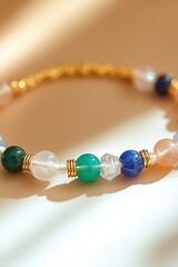 Poster - Colorful gemstone bracelet with intricate designs and sparkling beads caught in soft sunlight : Generative AI