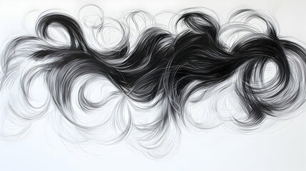 Wall Mural - abstract swirling black hair strands on white background, studio shot, for beauty or art design