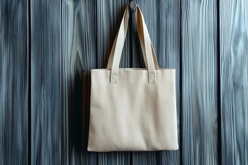 Poster - Stylish view of a simple beige tote bag suspended against a textured wood panel backdrop : Generative AI