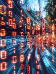 Leinwandbilder - Dynamic abstract digital background with binary code flowing and glowing in blues and oranges : Generative AI