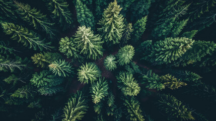 Wall Mural - Aerial view of lush green coniferous forest with dense tree canopy, showcasing various shades of green and natural patterns