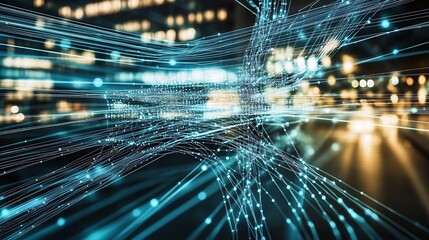 Fototapete - Futuristic data flow streams with blue light trails in a vibrant urban landscape at night : Generative AI