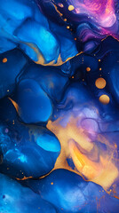 Leinwandbilder - Close-up of abstract fluid art with vibrant blue, purple, and gold colors blending together, symbolizing creativity and artistic expression.