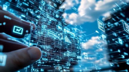 Leinwandbilder - Futuristic Interface with Hands Interacting with Data Blocks and Clouds in the Background : Generative AI