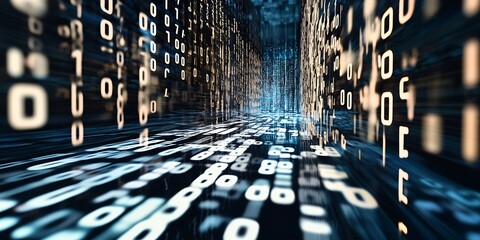 Fototapete - Dynamic Digital Landscape with Binary Code Representing Data Flow and Technology in Motion : Generative AI
