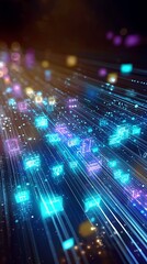 Fototapete - Stunning abstract depiction of data streams and glowing icons representing the future of technology and digital interaction : Generative AI