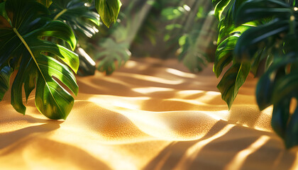 Wall Mural - Sunlit jungle leaves on warm sand: nature's tranquil contrast