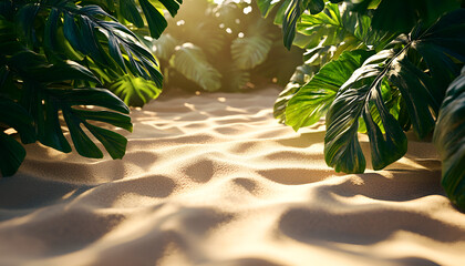 Wall Mural - Sunlit jungle leaves on warm sand: nature's tranquil contrast