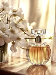 Aufkleber - Elegant perfume bottle surrounded by delicate flowers softly illuminated by sunlight : Generative AI