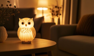 An owl nightlight shines on a table in a living room with subdued lighting.