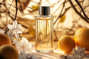 Poster - Stylish essential oil bottle with citrus fruits and flowers in warm outdoor ambiance : Generative AI