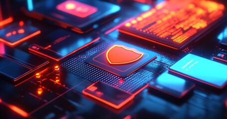 Poster - High-tech digital design showcasing glowing shield graphics and sophisticated components on a modern technology interface : Generative AI
